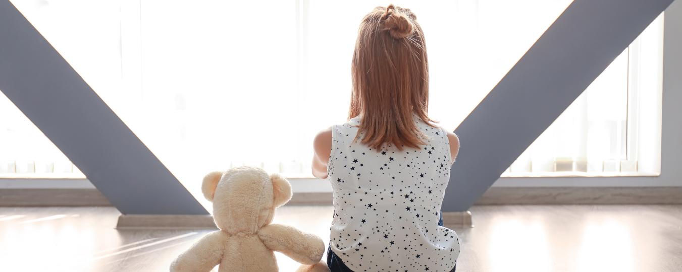 A young girl sits with a teddy bear in front of a window 