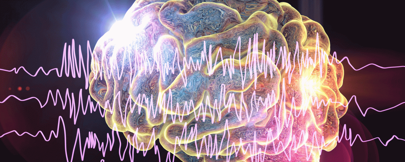 An illustration of a brain with brain waves in the foreground